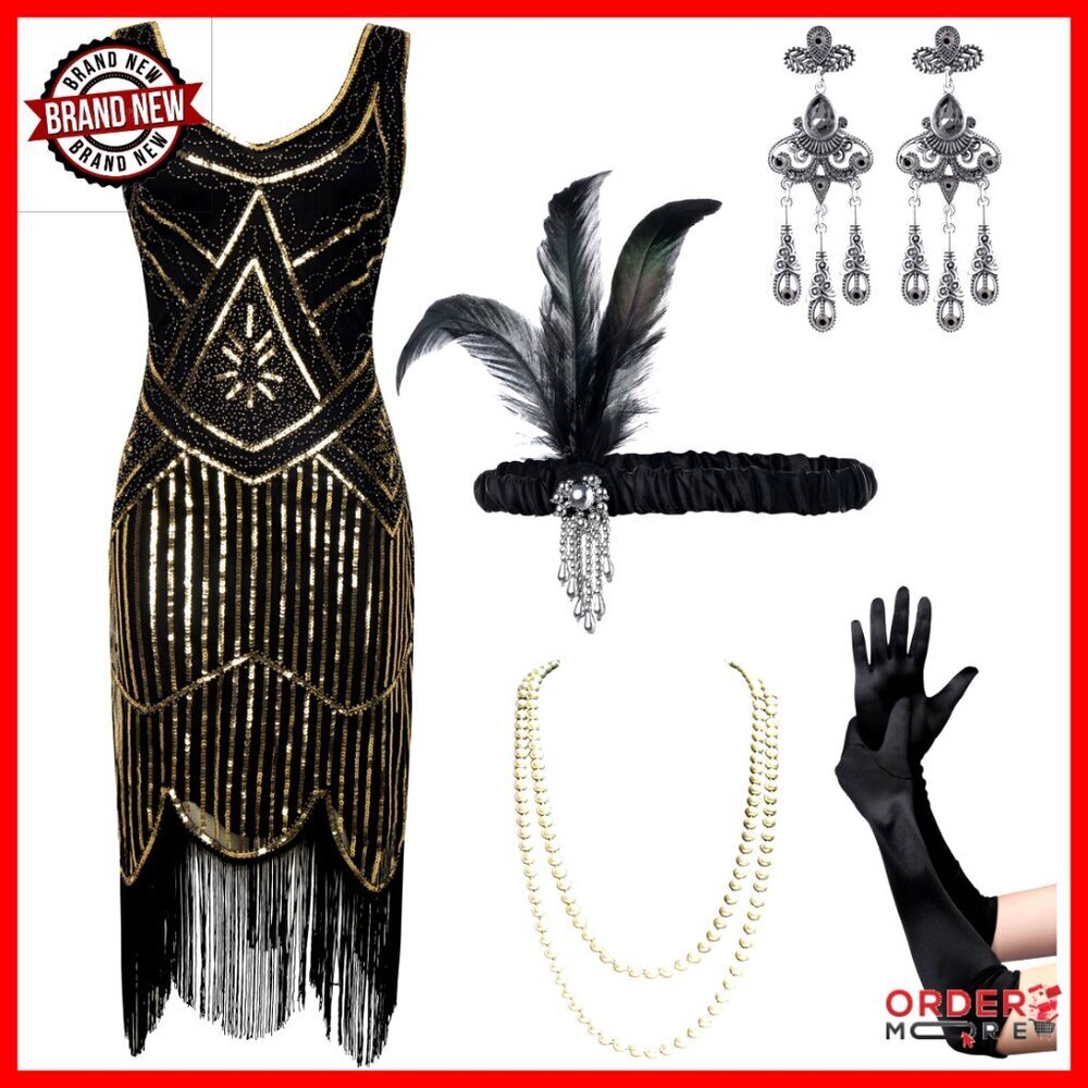 1920s Flapper Dress with Sequin Beads and Gatsby Accessories Set